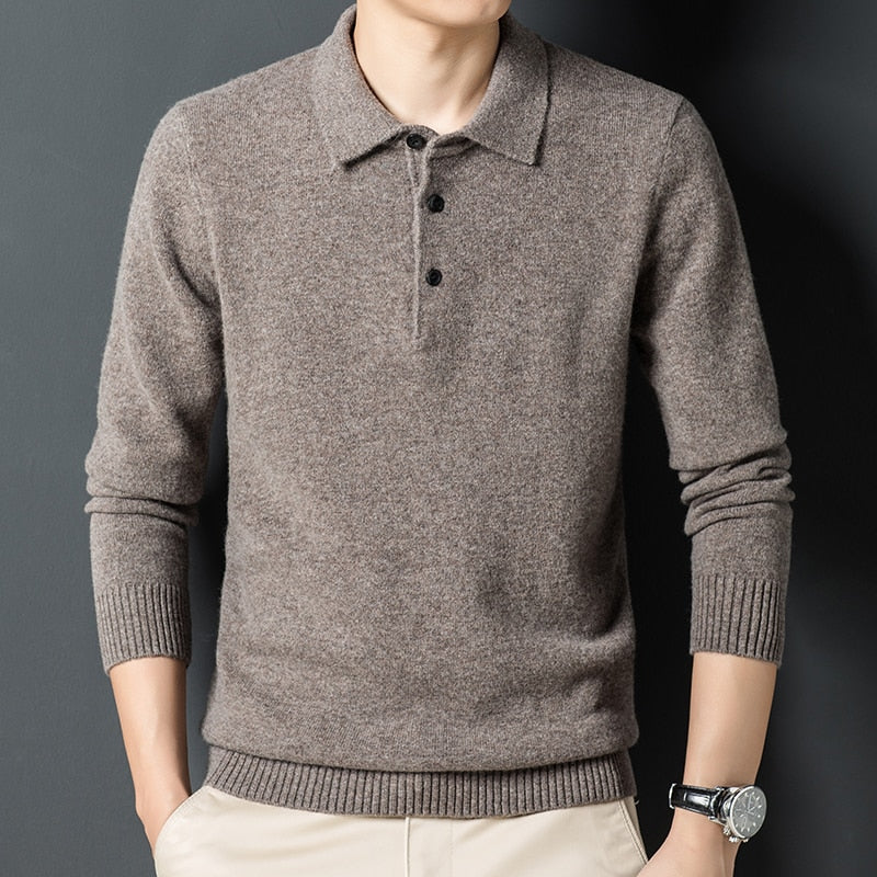 Cashmere sweater men's Polo neck 100% pure wool sweater solid color sweater backing sweater