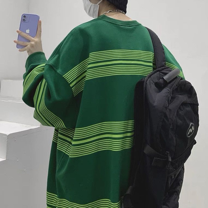 Spring Autumn Striped Y2K Harajuku Hip Hop Sweatshirts Man Oversized Casual Tops Long Sleeve Loose Pullover Streetwear Clothes