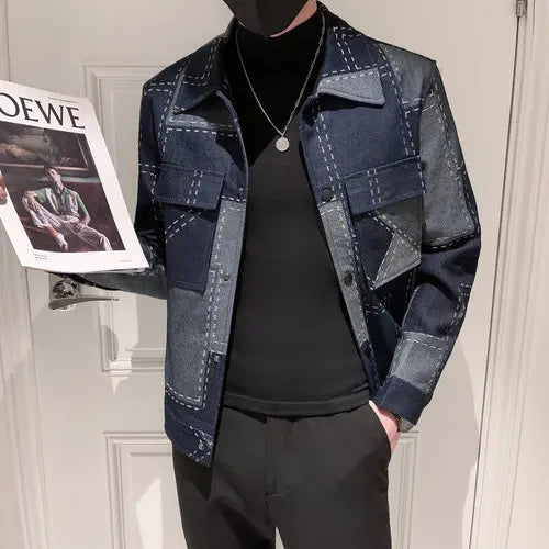 saferido Spring Autumn Men Plaid Jackets Street Casual Slim Fit Cotton Jacket Navy Blue Fashion Men Cowboy Coat Plus Size S-3XL