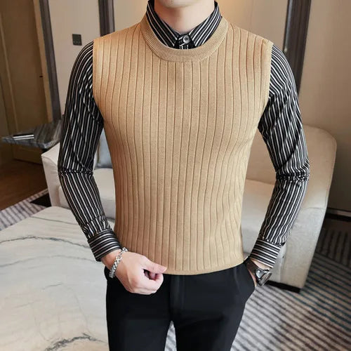 saferido New Style Men Spring High Quality Fake 2 Pieces Knitted Sweaters/Male Slim Fit Fashion Shirt Collar Pullover Man Casual Sweater