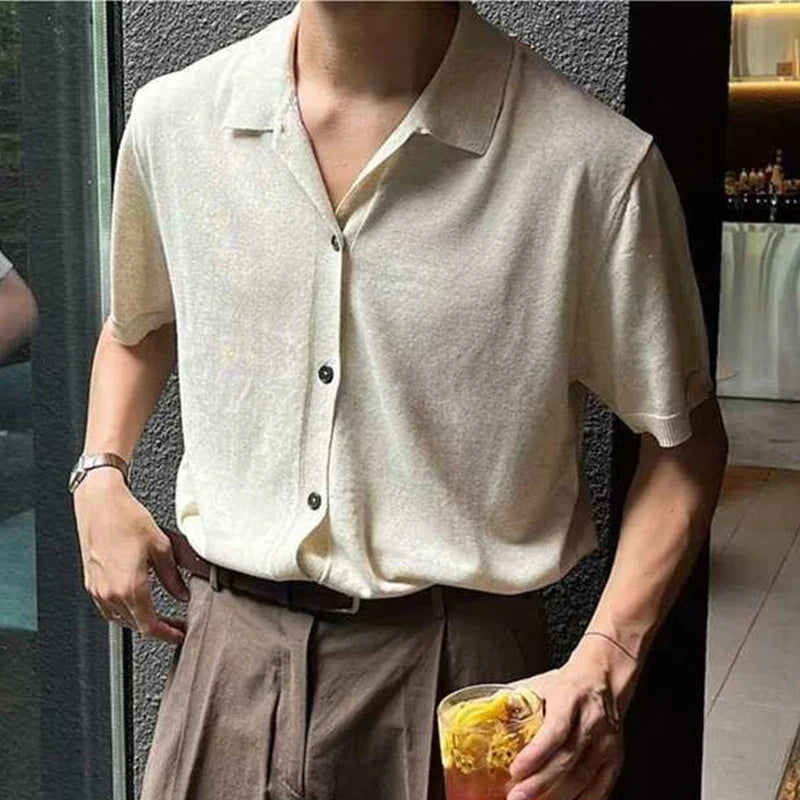 Summer Men's Clothing Luxury Button-down Knit Polo Shirt Korean Popular Lapel Solid Color Short Sleeve Leisure Fashion Knitwear