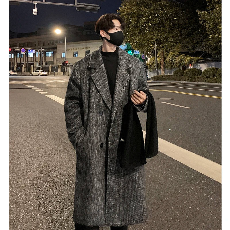 saferido Korean Style Medium-length Men's Trench Autumn Winter High Quality Loose Casual Woolen Coat Trendy Overcoat Khaki/Dark Gray