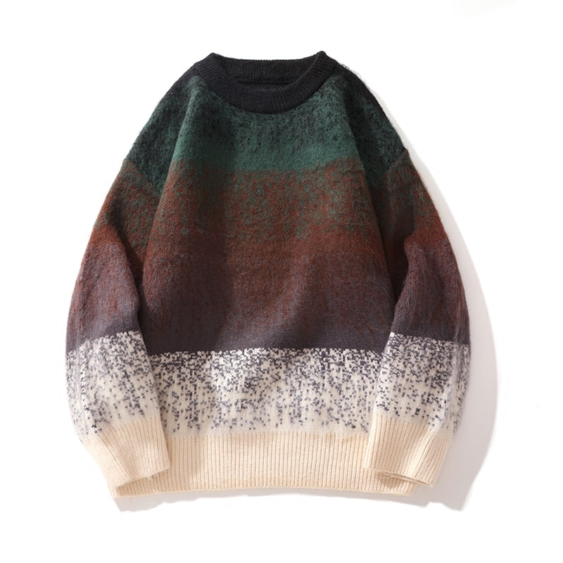 Autumn Winter Fashion Mens Sweaters Velvet Thick Long Sleeve Knit Jumper Gradient Colors Striped Patckwork Sweater Pullovers Man