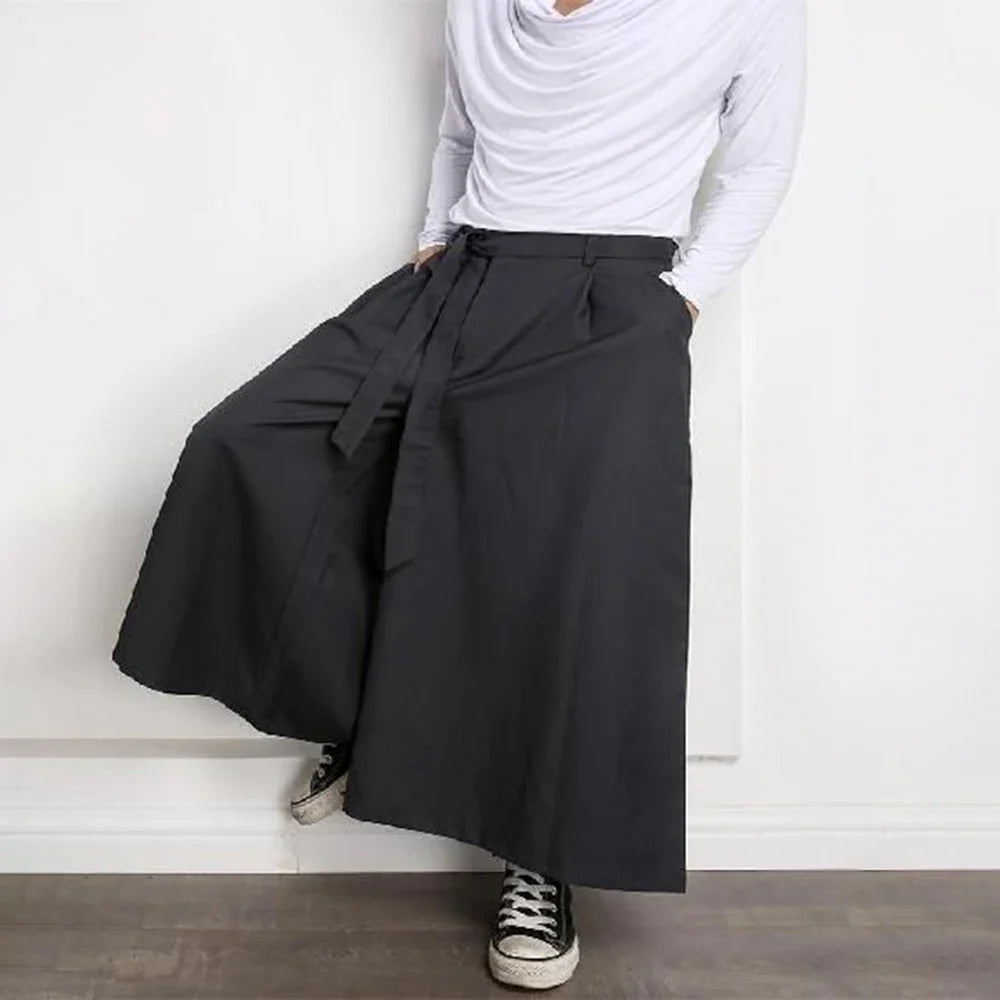 saferido Mens Japanese Casual Street Wide Leg Pants With Belt Genderless Autumn Fashion Trendy Solid Color Loose Nine-Point Skirts Unisex