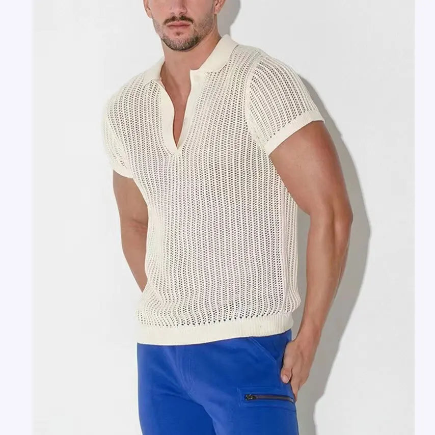 Summer Mens Hollow Out Knit Polo Shirts Sexy See Through Short Sleeve V-lapel Tops Fashion Mesh Loose Casual T-shirt Streetwear