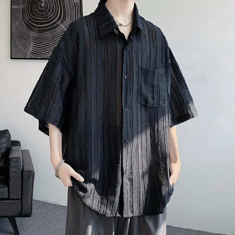 saferido Spring Summer Men's Solid Shirts Short Sleeve Harajuku Style Cardigan Casual Blouses Male Plus Size Lapel Shirt