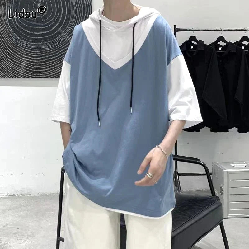 saferido Street Casual Fashion Loose Pullovers Patchwork T-Shirts Short Sleeve Man Spring Summer Thin Hooded Round Neck Men's Clothing