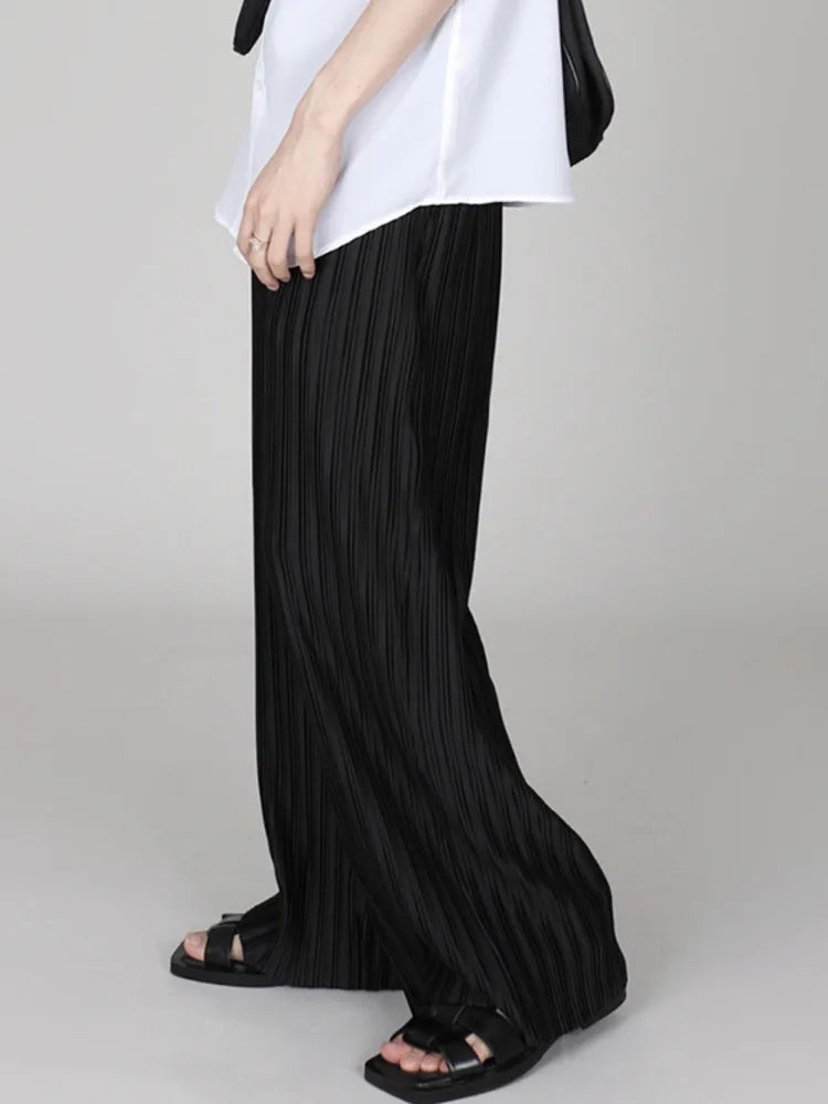 Men Clothing Spring Autumn Ice Silk Pleated Wide Leg Pants Elastic Waist Causal Loose Straight Trousers For Male
