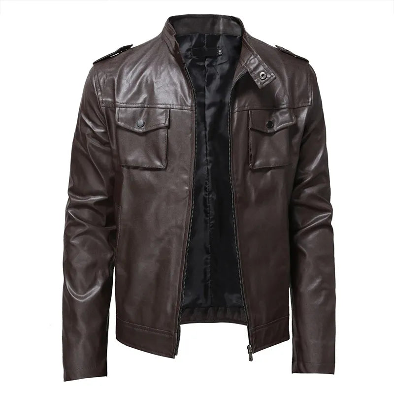Autumn Business Men's Leather Jackets Motorcycle Bike Streetwear Clothing Men Stand Collar Pocket Zipper Overcoat Man