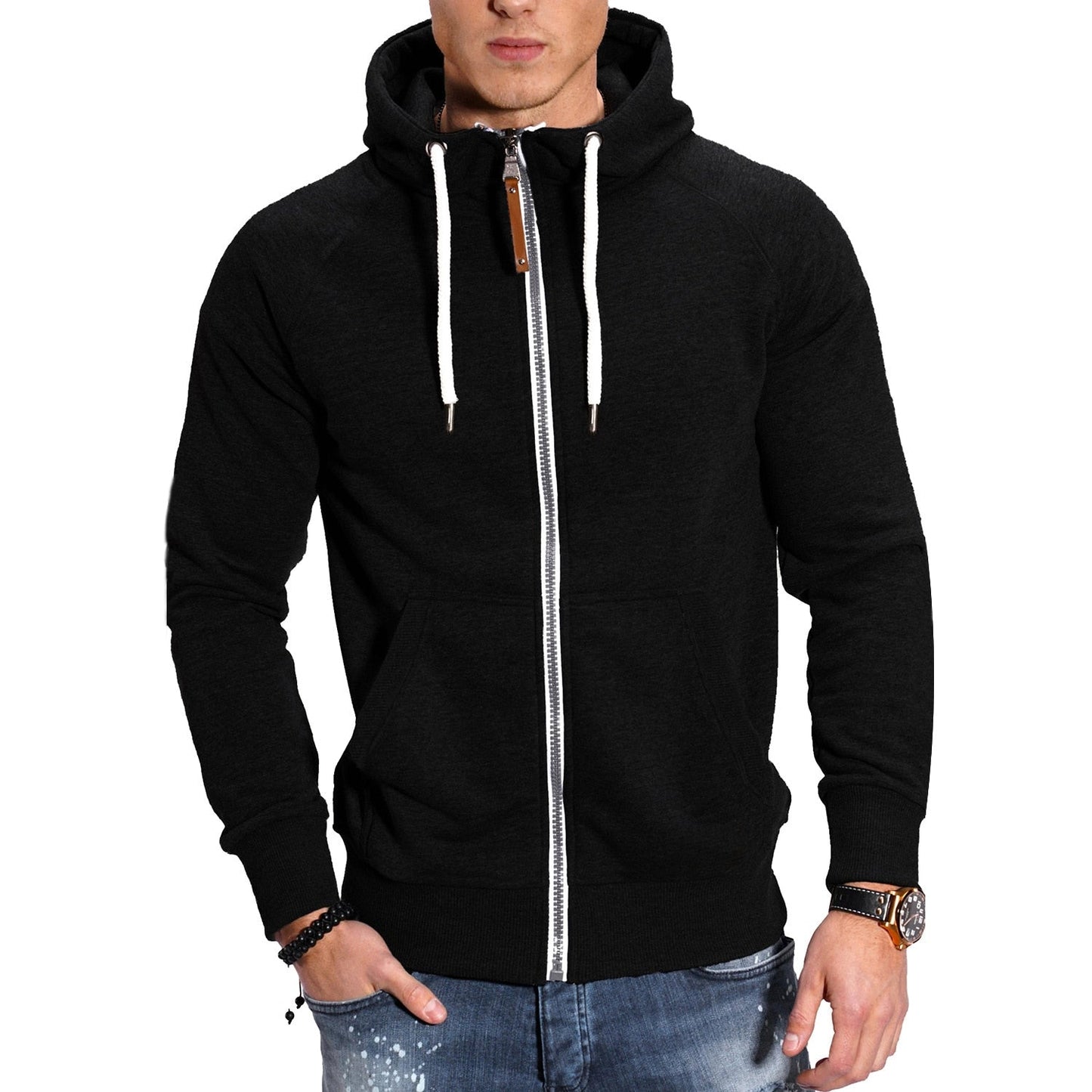 Autumn and Winter Men's Color Matching Sport Plus Fleece Cardigan Hoodie Casual Fashion European Code with Rotator Sleeve Coat
