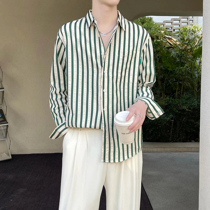 saferido Men's Korean Style Simple Loose Striped Printing Long Sleeve Shirt Fashion Trend High Quality Casual 3 Color Shirts M-2XL