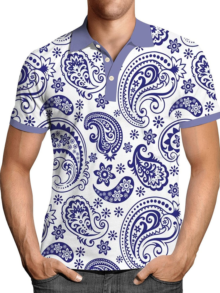 Pullover Tops Mens Fashion Turn-down Collar Button-up Polos Vintage Print Polo Shirt Men Summer Short Sleeve Casual shirts