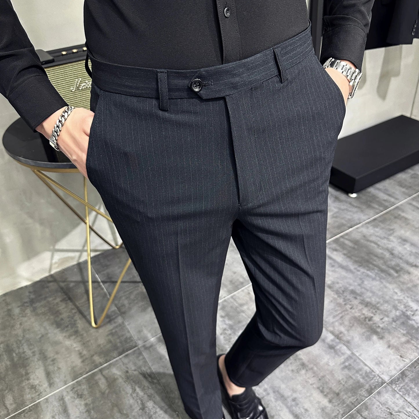 saferido Korean style Fashion Striped Suit Pants for Men Formal Business Dress Pants Korean Slim Fit Classic Casual Trousers 36 38