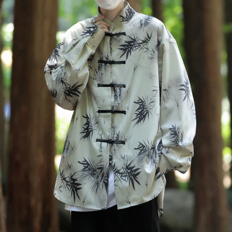 saferido Men's Tie-dye Long Sleeve Shirt Spring New Chinese Style Dial Buckle Stand Collar Loose Casual Han Tang Traditional Clothing