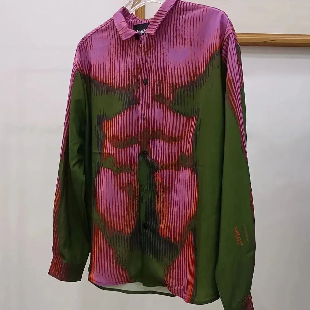 Autumn Men's Red And Green Gradient Body Print Shirt Abstract Art Trend Casual Loose Comfortable Simple Thin Long-Sleeved Shirt