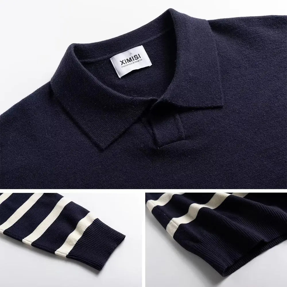 Autumn Korean Style Contrast Striped Sweater Men's Lapel Button Casual Vintage Sweater Pullovers Long-sleeved Men's Sweater