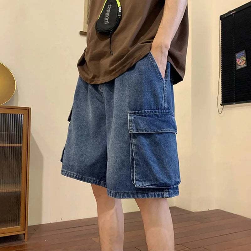 saferido Summer Men Denim Short Streetwear Vintage Korean Harajuku Pocket Jeans Shorts Hip Hop Cargo Pants Oversized Bottoms Male Clothes