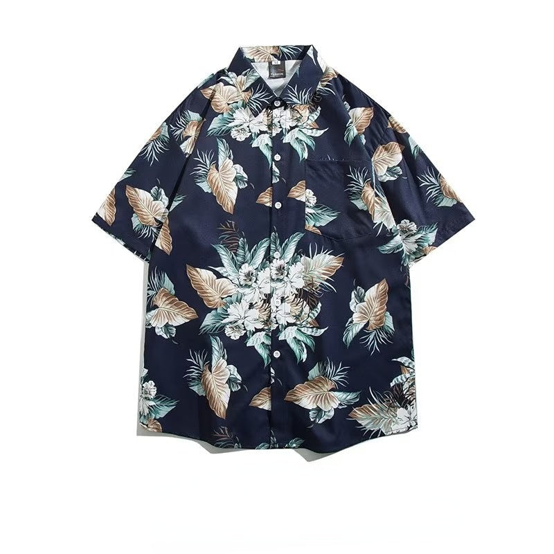 Couple Japanese Shirt Harajuku Oversized Short Sleeve Shirt for Men Women Hawaiian Print Flower Shirt Geometric Streetwear