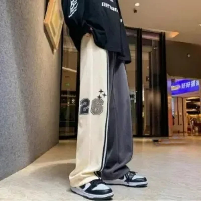 saferido Youth Korean Trendy Loose Straight Casual Pants Patchwork Elastic Waist Pockets Stripe Contrast Sports Loose Wide Leg Trousers