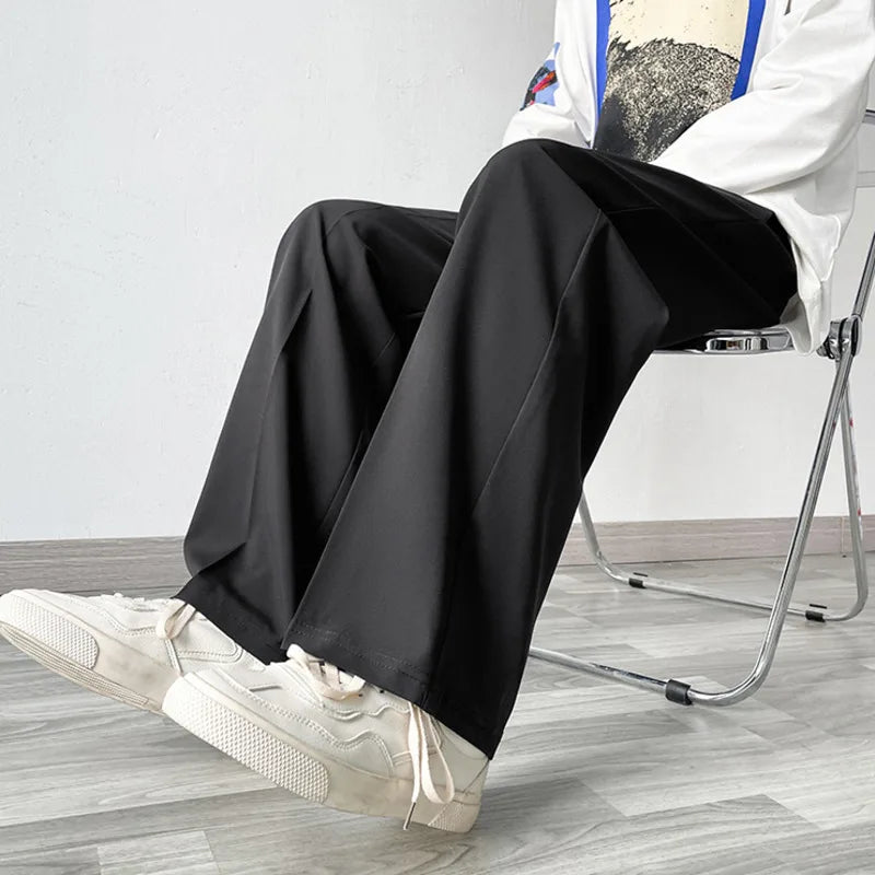 saferido Summer Thin Pants Men Fashion Gray Black Casual Ice Silk Pants Men Streetwear Korean Loose Straight Wide Leg Pants Mens Trousers