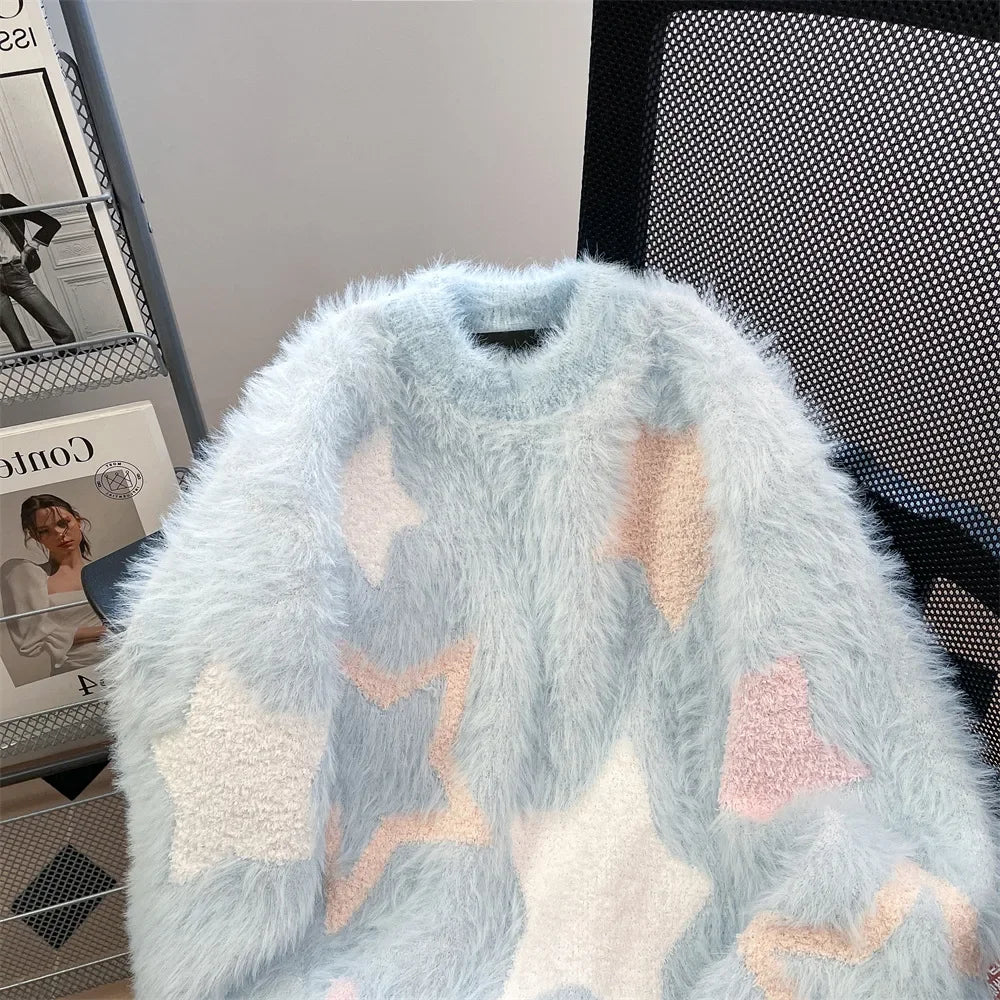 saferido Y2K Mohair Sweater Men Kawaii Sweet Knitted Pullovers Jumpers Long Sleeve O-Neck Sweater Male Korean Japanese Streetwear