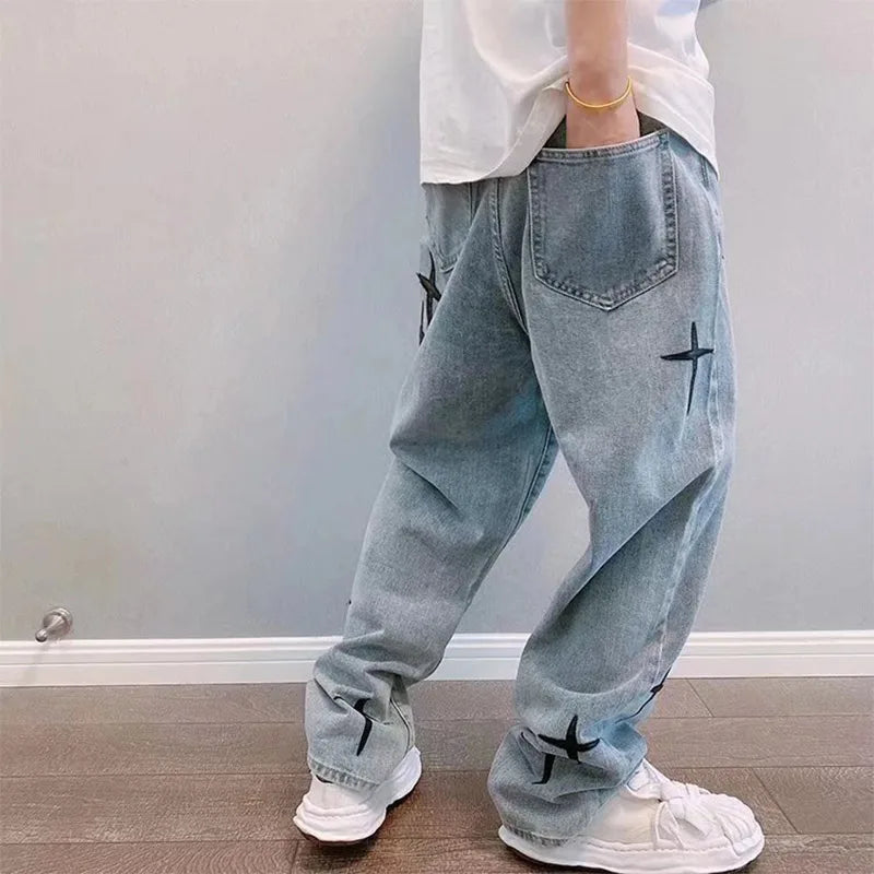 saferido Print Embroidery Jeans Men Vintage Casual Loose Wide Leg Baggy Man Trousers 2024 Spring Summer Fashion Hip Hop Male Cargo Pant