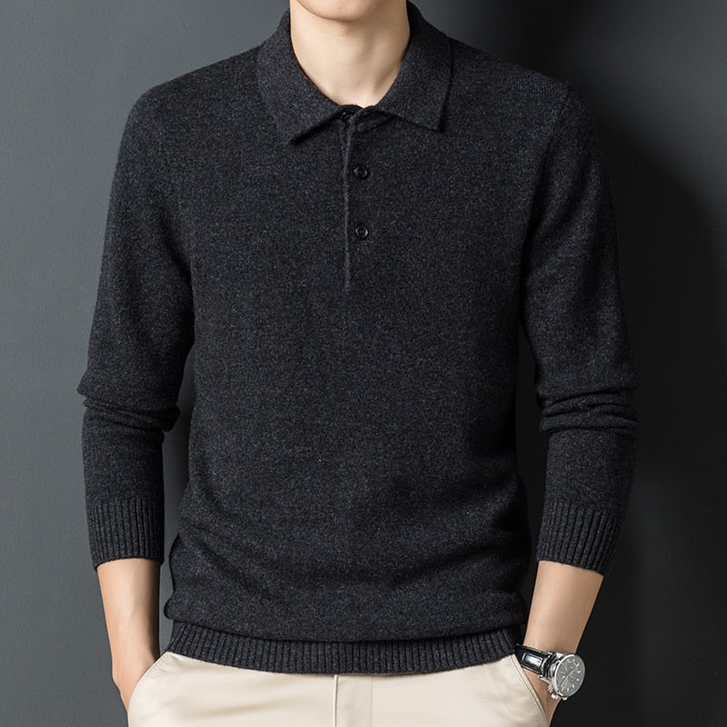Cashmere sweater men's Polo neck 100% pure wool sweater solid color sweater backing sweater