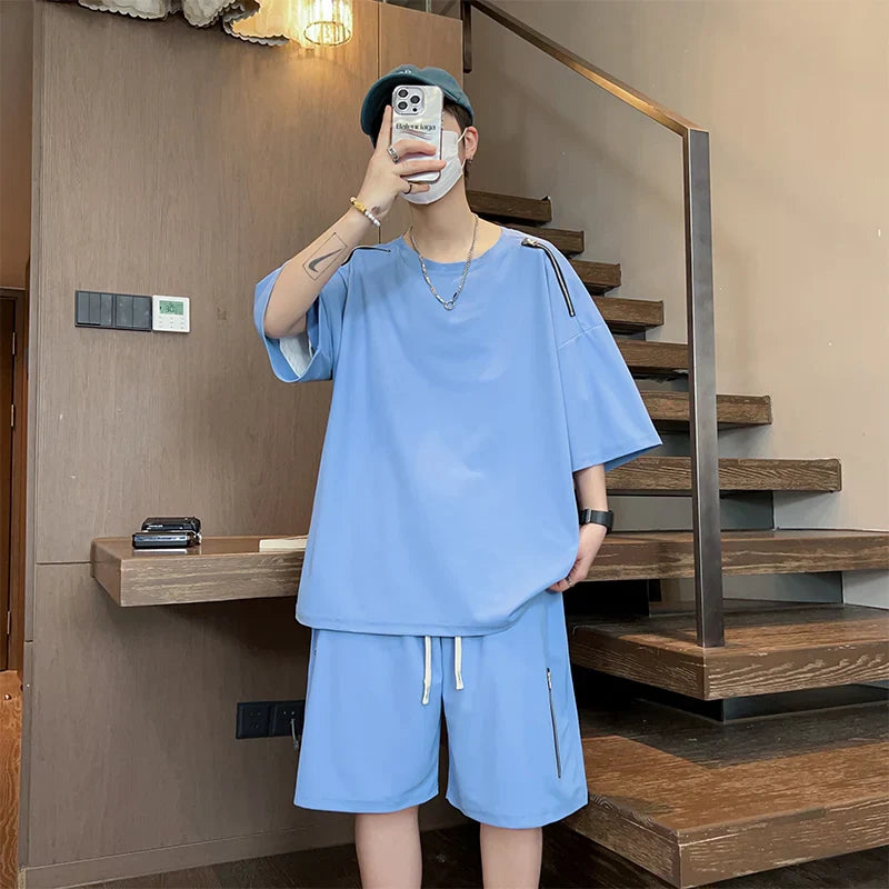 saferido Oversized Tracksuit Men New Korean High Street Fashion Zipper Design T-shirt Shorts Two Pieces Sets Mens Streetwear Men Clothes