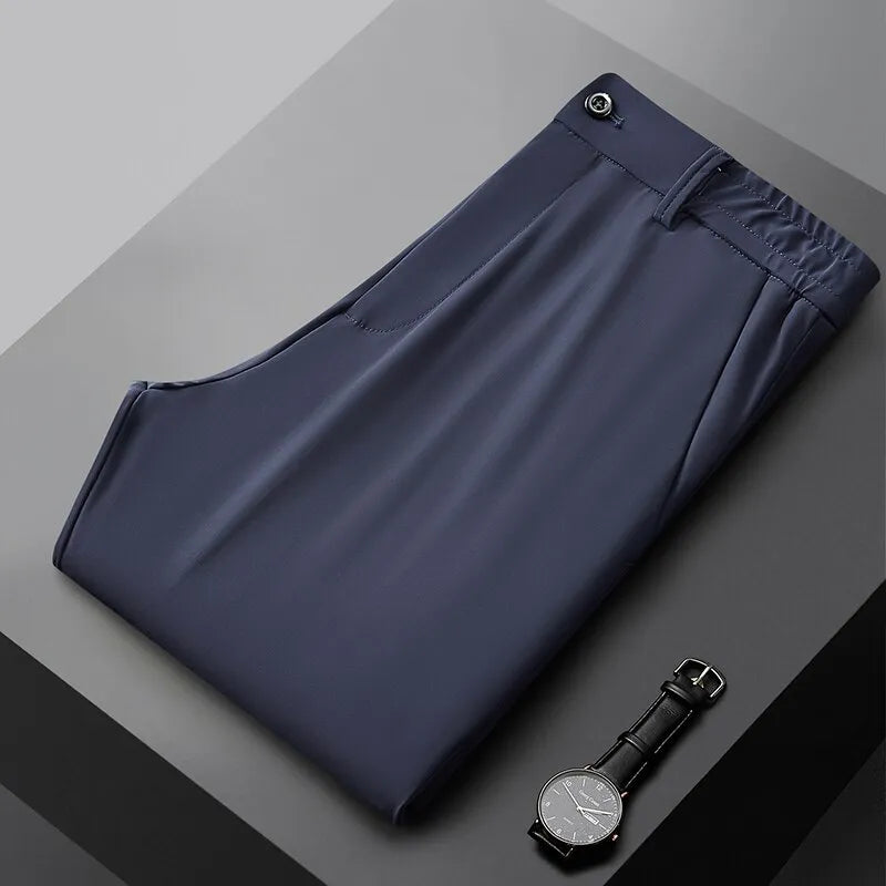 Summer Casual Pants Men Thin Business Stretch Slim Elastic Waist Jogger Korean Classic Thin Black Gray Blue Trousers Male