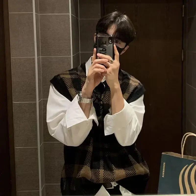 saferido Knitted Sweaters for Men Plaid V Neck Man Clothes Waistcoat Sleeveless Vest Casual Korean Autumn Y2k Streetwear Elegant
