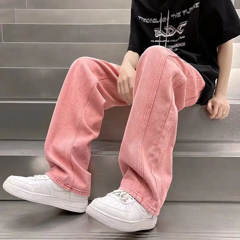 saferido Street Vibe Style Jeans Men's Loose Straight Pants Trendy Brand American Baggy Wide-leg Pants Pink Jeans Spring and Autumn