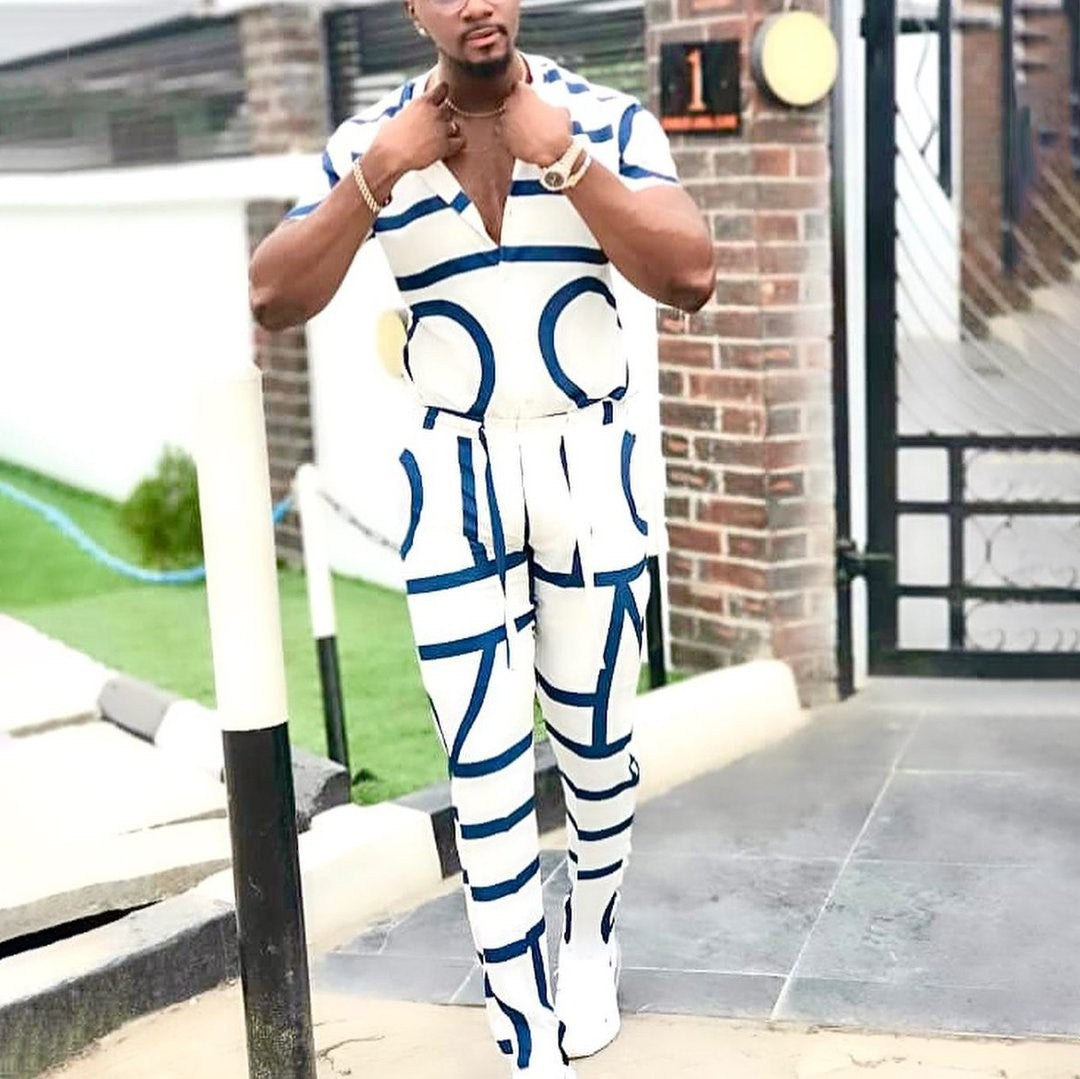 Spring Summer Men's Casual Two Piece Sets Short Sleeve Tops And Long Pants Suit Fashion Pattern Print Outfit Men Streetwear