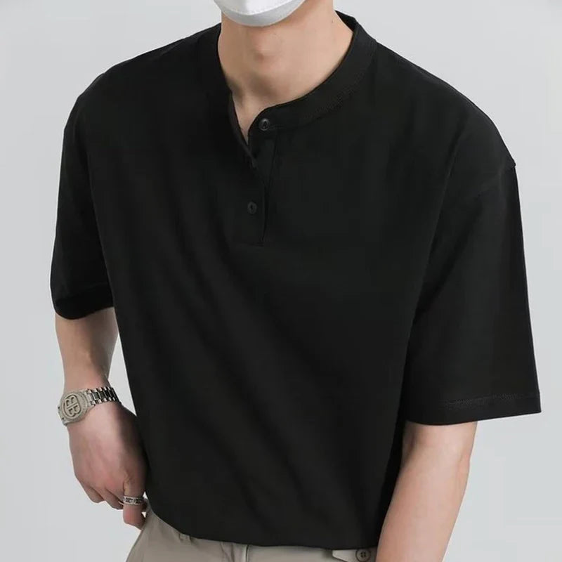 Men's Clothing Luxury Henry Collar T-Shirt Vintage Casual Button-down Solid Color Short Sleeve Tees for Men Breathable Leisure