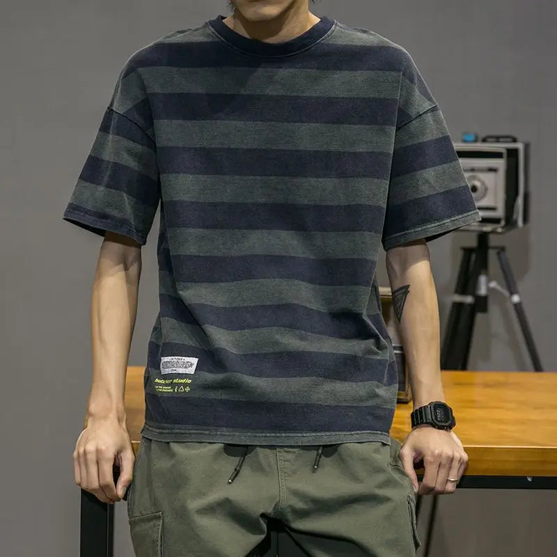 saferido Fashion Printed Spliced All-match Striped Casual T-Shirt Men's Clothing Spring New Loose Korean Pullovers Korean Tee Shirt