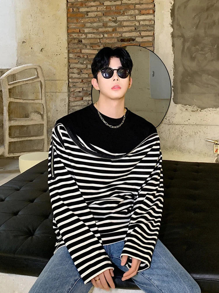 saferido Wide Streetwear Open Shoulder Zipper Fake Two Pieces Stripe Long Sleeve Top Men's Loose Long Sleeved T-shirt Spring