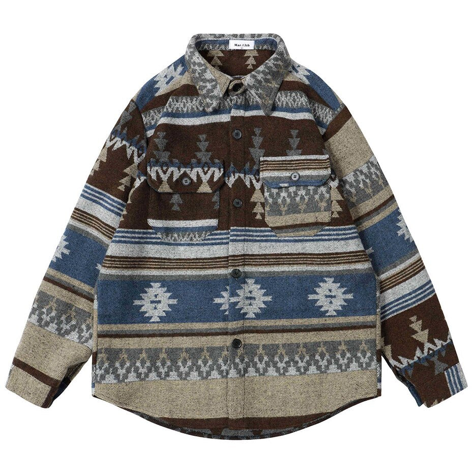 Winter Thicken Button Shirts Geometric Graphic Striped Nation Style Woolen Shirts Men's Autumn Button Up Blouse