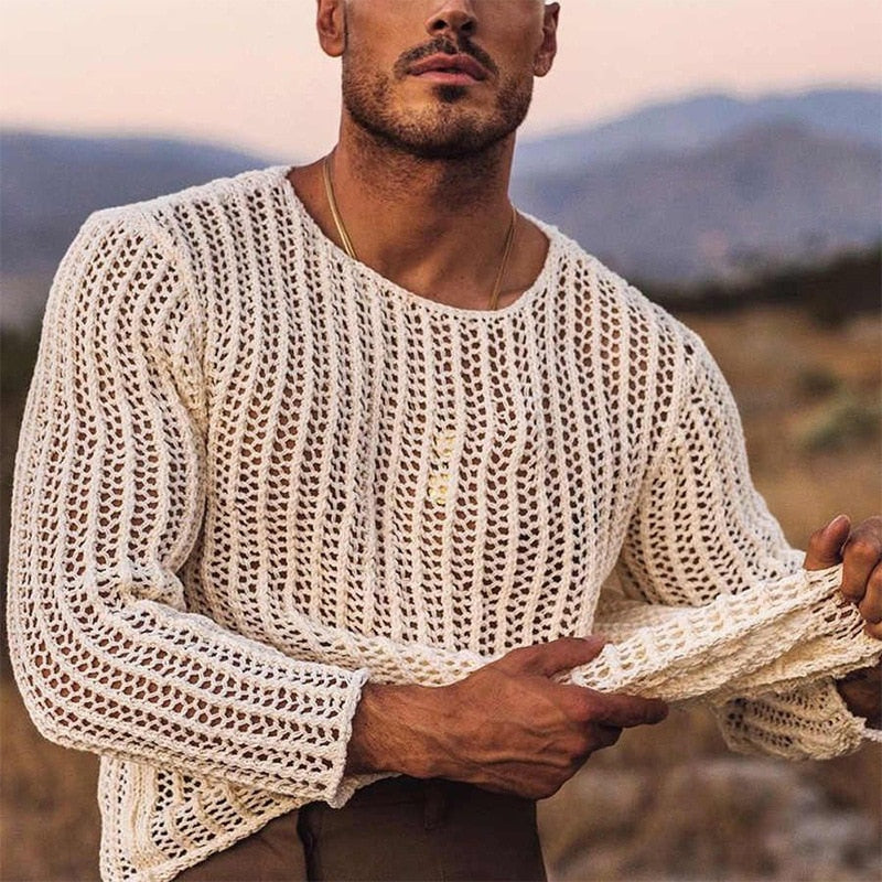 Mesh Top Men Transparent Sexy See Through Men Long Sleeve Tee Streetwear Men's Clothing Fishnet Muscle Undershirts