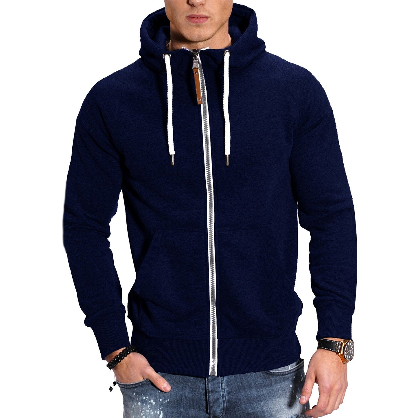Autumn and Winter Men's Color Matching Sport Plus Fleece Cardigan Hoodie Casual Fashion European Code with Rotator Sleeve Coat