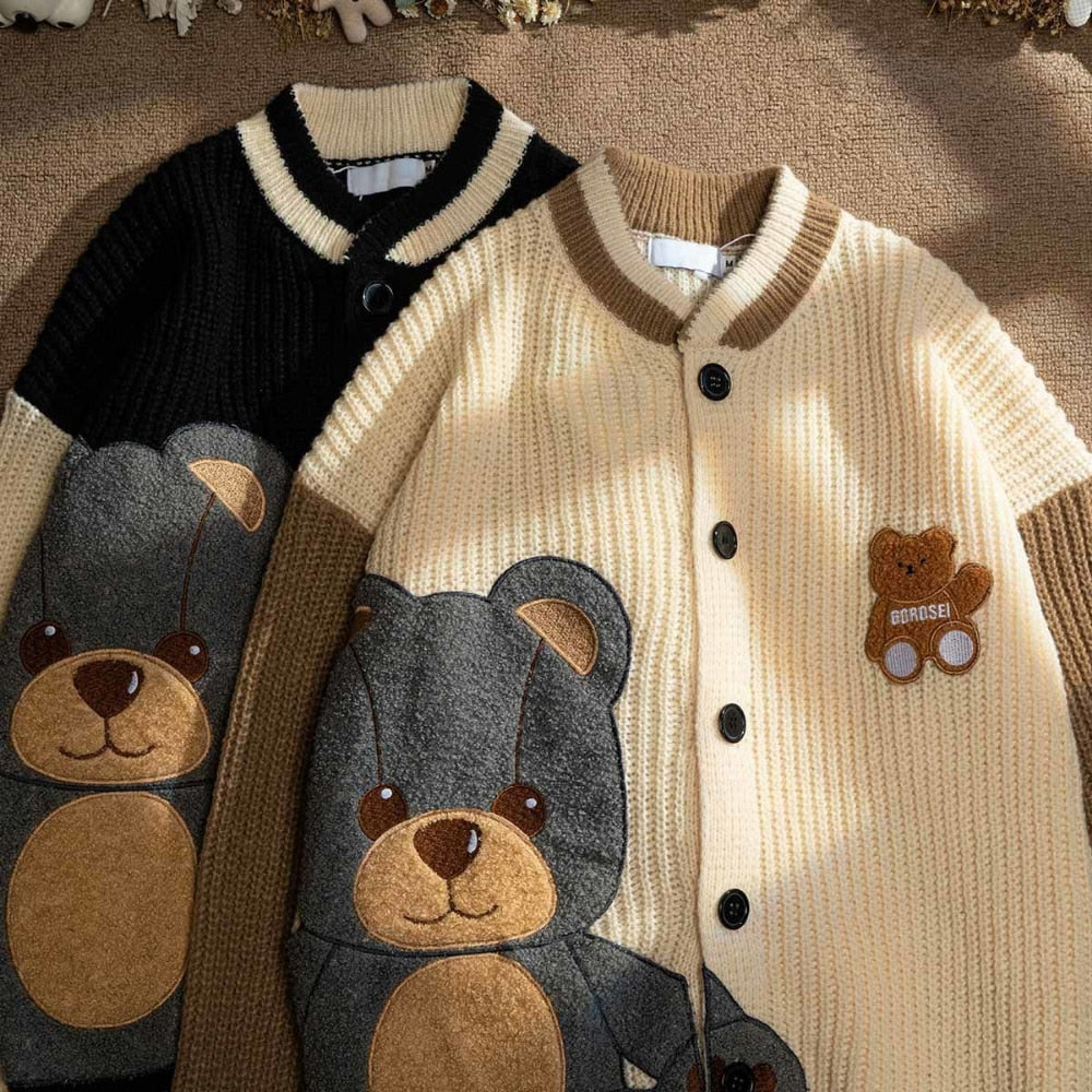 Japanese Style Cute Bear Cardigan Sweater Men Women Spring and Autumn Casual Loose Knitted Sweaters Hip Hop Tops
