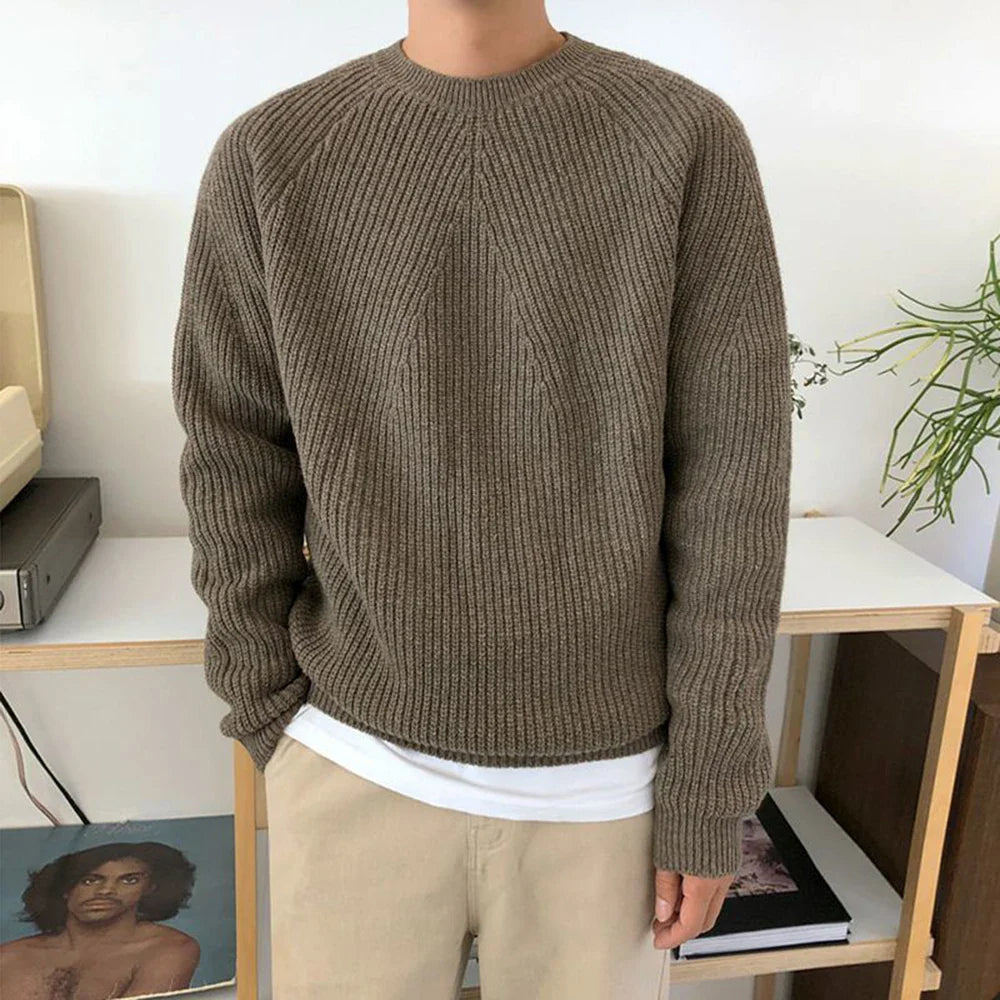 saferido Mens Autumn Winter Korean Style Loose Round Neck Knitted Sweater Gender-Neutral Trendy Casual Solid Color Simple Sweater Unisex