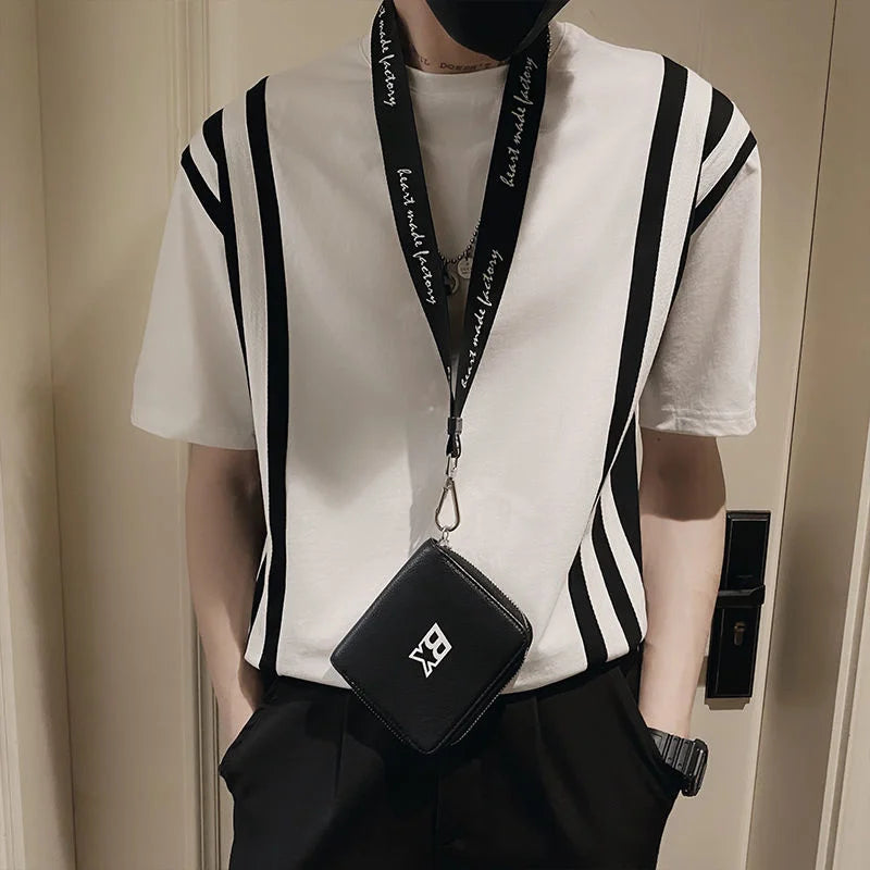 saferido Summer Men's Social Simple Fashion T Shirts Korean Style Round Neck Stripe Printing Tshirts Short Sleeve Black T-shirt