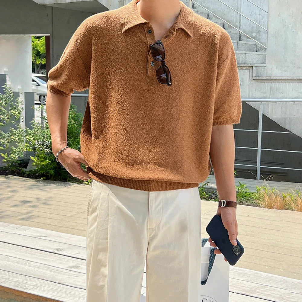 saferido Short Leeved Men's T-shirt Korean Style Simple Retro Kniting Lapel Trend Fashion Loose Casual Male Top 2024 Summer New