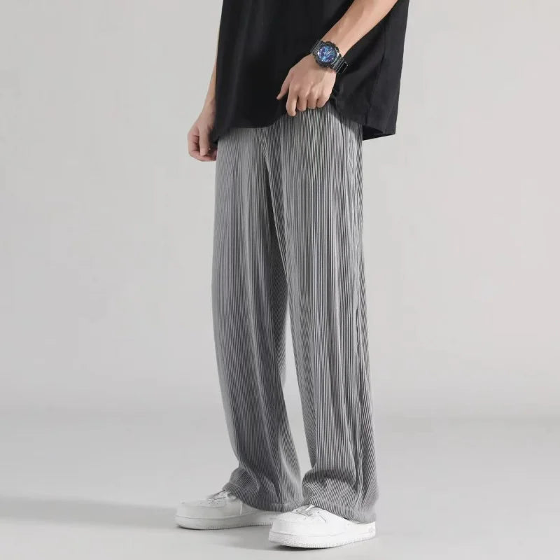 saferido Summer Thin Ice Silk Straight Loose Casual Pants Men Solid Korean Elastic Waist Drawstring Patchwork Pocket Wide Leg Trousers