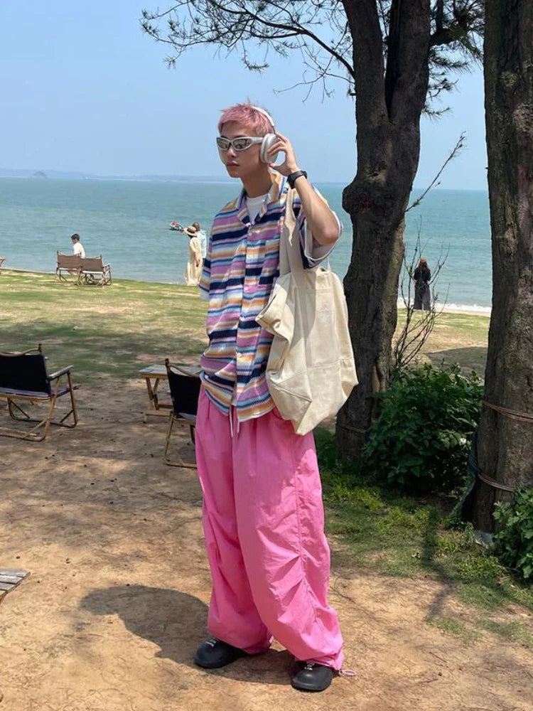 saferido Y2k Pink Wide Parachute Pants Men Harajuku Quick Drying Oversized Casual Joggers Korean Streetwear Baggy Sports Trousers