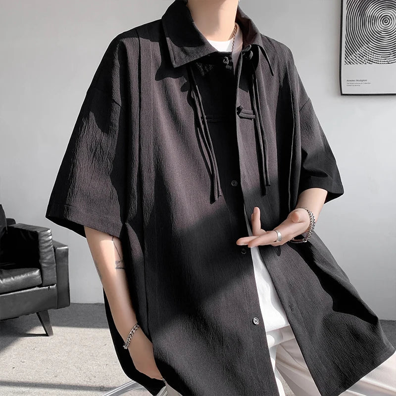 saferido Men's Casual Blouse Long Sleeve Tee Shirt Y2K Vintage Oversized Blouses Chinese Style Baggy Button Up Shirt