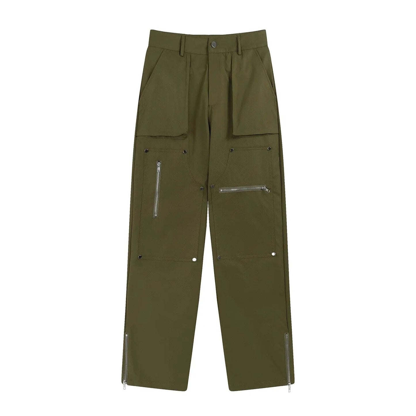 Hip Hop Vibe Heavy Functional Cargo Trousers for Men Fashionable Rivets Zipper Split Adjust Micro Flare Pants White Male Clothes