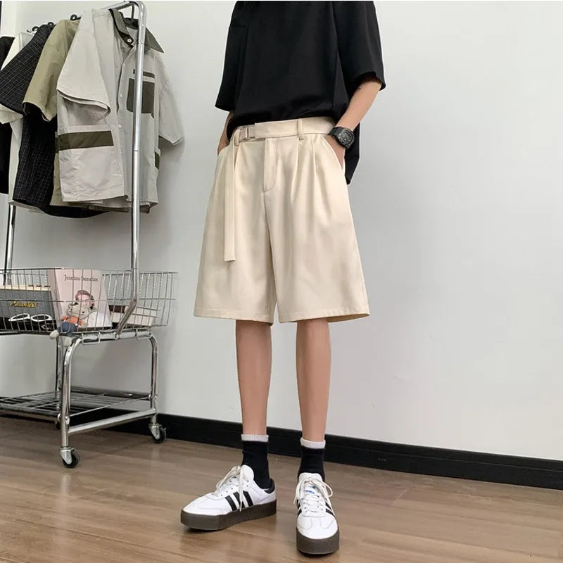 Korean Style Mens Casual Shorts Ribbons Belt Knee-Length Suit Pant Black Beige Elastic Waist Loose Summer Short Trouser Boy