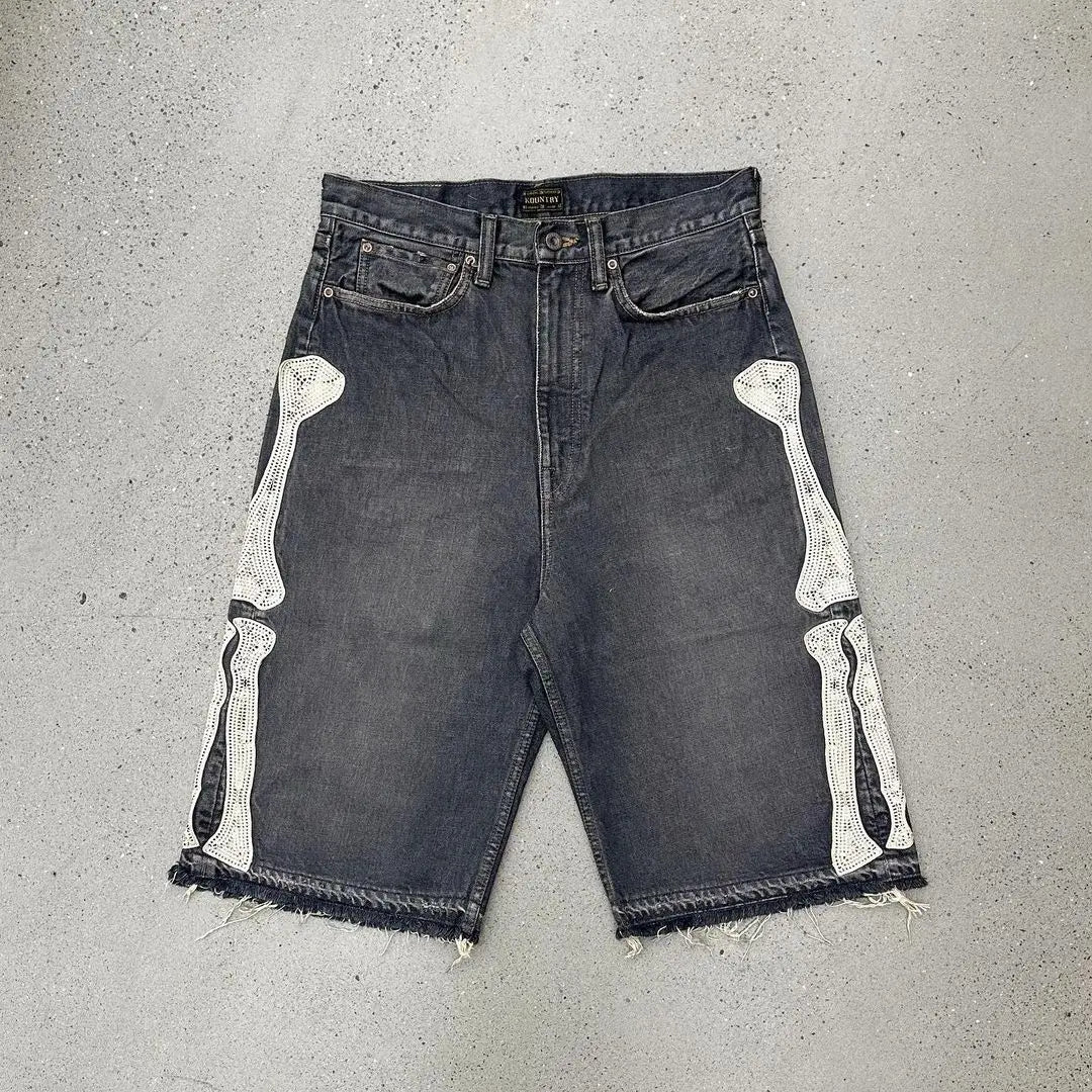 Harajuku Street Trend Y2K Bone Embroidery Five-point Jeans Men's Loose Straight Pants Washed Blue Jeans Summer Shorts for Men