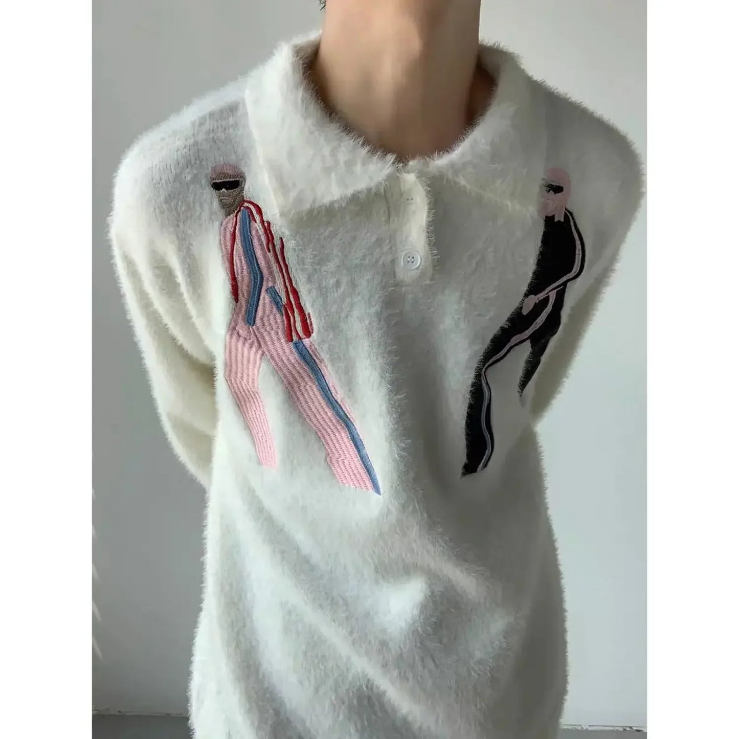Lapel design jumper embroidered imitation mink down sweater men's winter comfortable loose y2k tight knit school style top