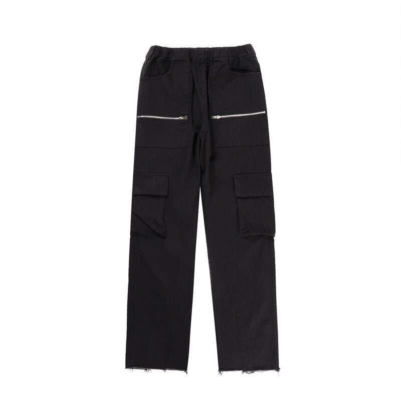 Spring Autumn Men's Deckle Edge Design Vintage Cargo Pants Elastic Waist Tide Straight High Street Casual Overalls 12A7537
